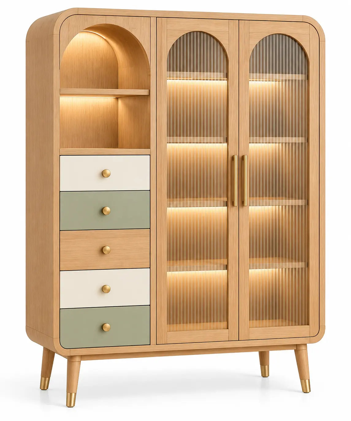 Vitrine à portes cintrées, niche latérale et cinq tiroirs, beige et vert