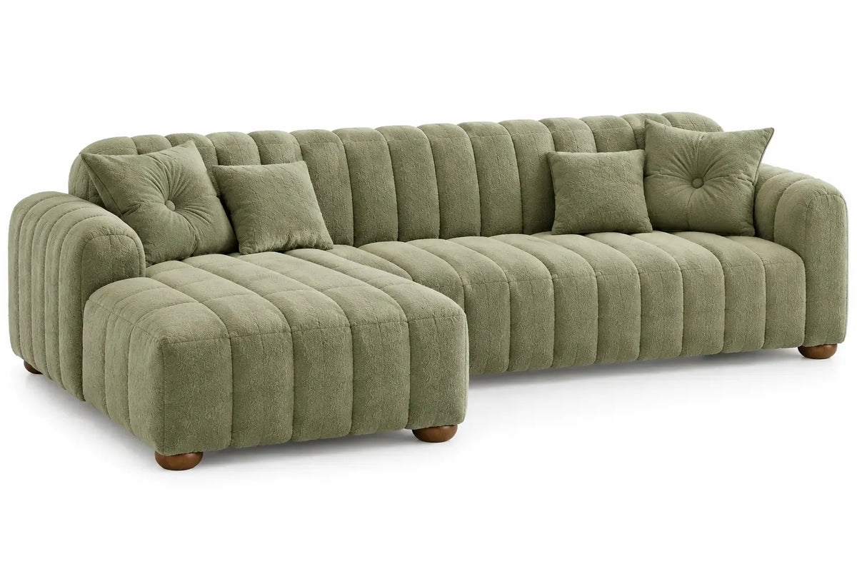 Canapé d'angle à méridienne gauche et assise à bandes, vert