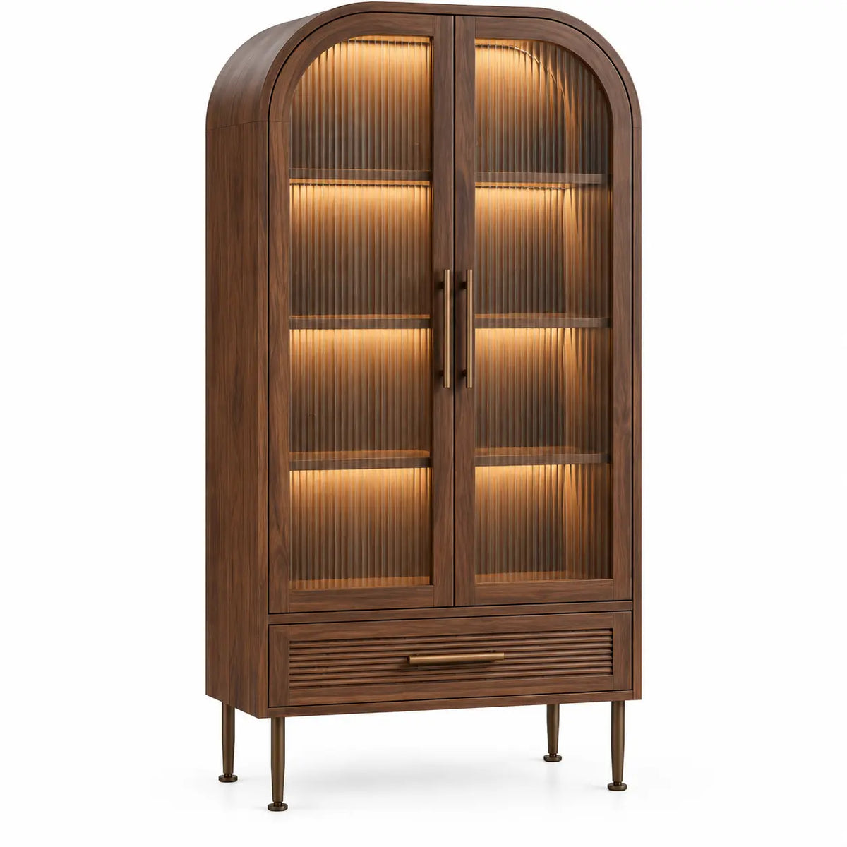 Vitrine étroite cintrée à deux portes transparentes et tiroir, marron