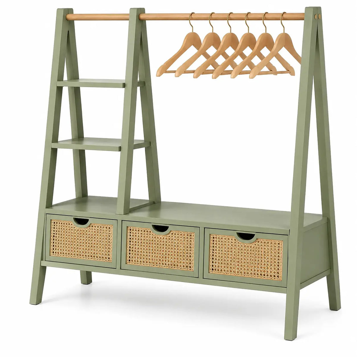 Portant à vêtements à étagères et trois tiroirs ajourés, vert et beige