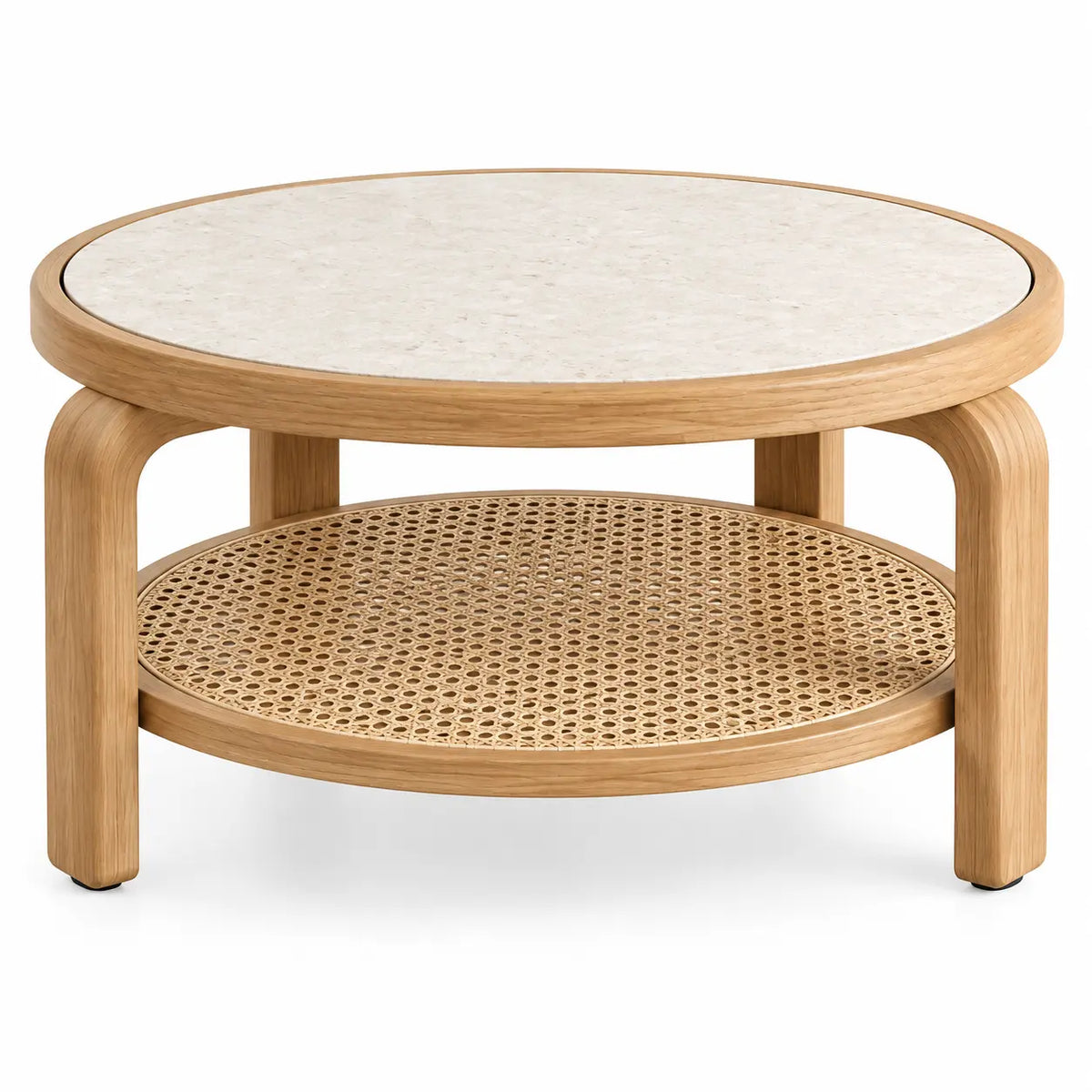 Table basse ronde à plateau clair et tablette ajourée, beige