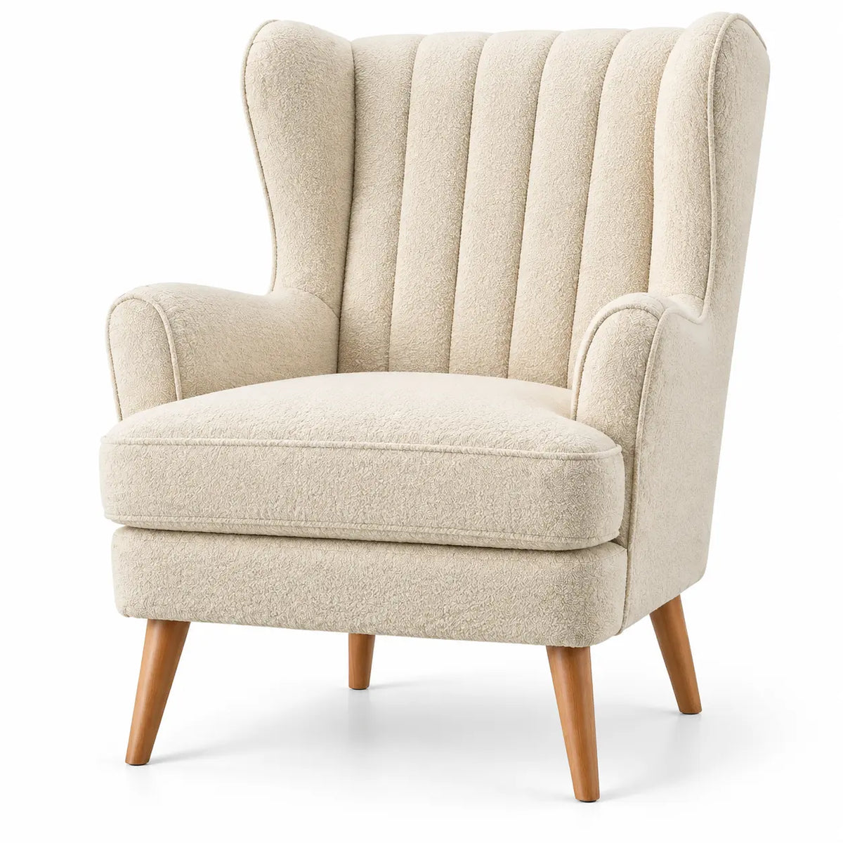 Fauteuil à oreilles et dossier haut à bandes verticales, blanc cassé