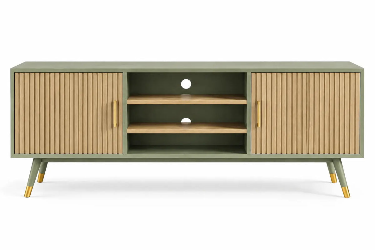 Meuble de télévision à portes cannelées et niches centrales, vert et beige