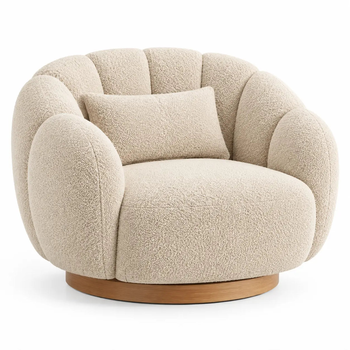 Fauteuil rond à dossier segmenté et base beige, blanc cassé