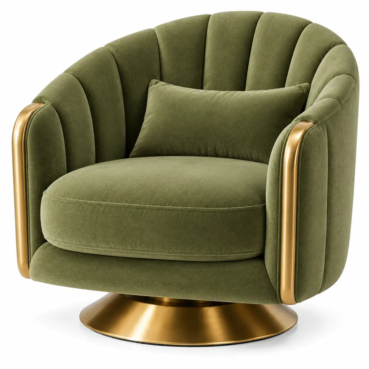 Fauteuil enveloppant à bandes verticales et socle évasé doré, vert