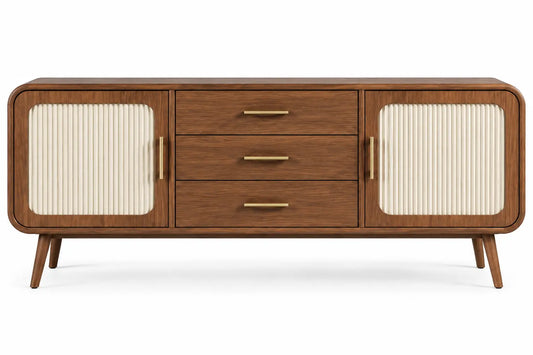 Buffet arrondi à portes claires rainurées et trois tiroirs, marron