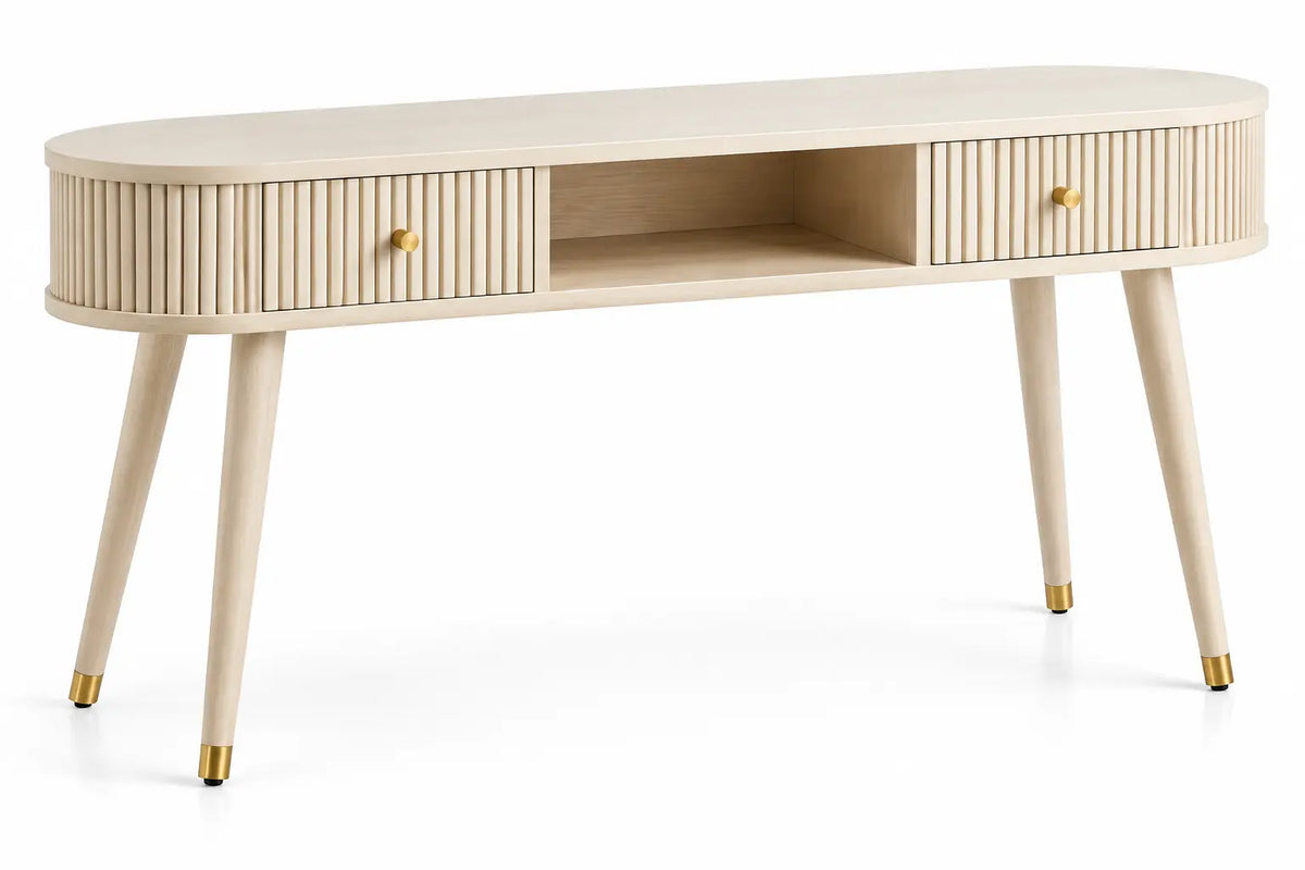 Console arrondie à deux tiroirs cannelés et niche centrale, blanc cassé