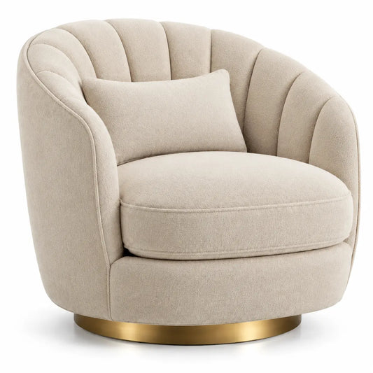 Fauteuil enveloppant à coussin rond et socle doré, blanc cassé