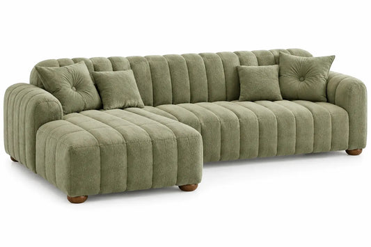 Canapé d'angle à méridienne gauche et assise à bandes, vert