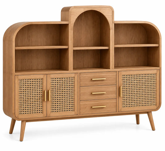 Buffet bibliothèque à niches cintrées, portes ajourées et tiroirs, beige