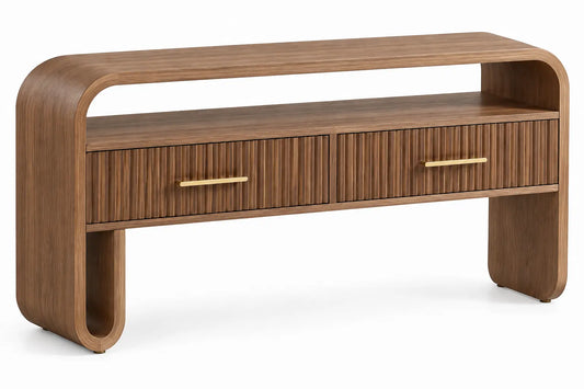 Console arrondie à deux tiroirs cannelés et niche haute, marron