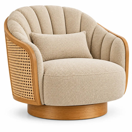 Fauteuil arrondi à côtés ajourés et base ronde, beige