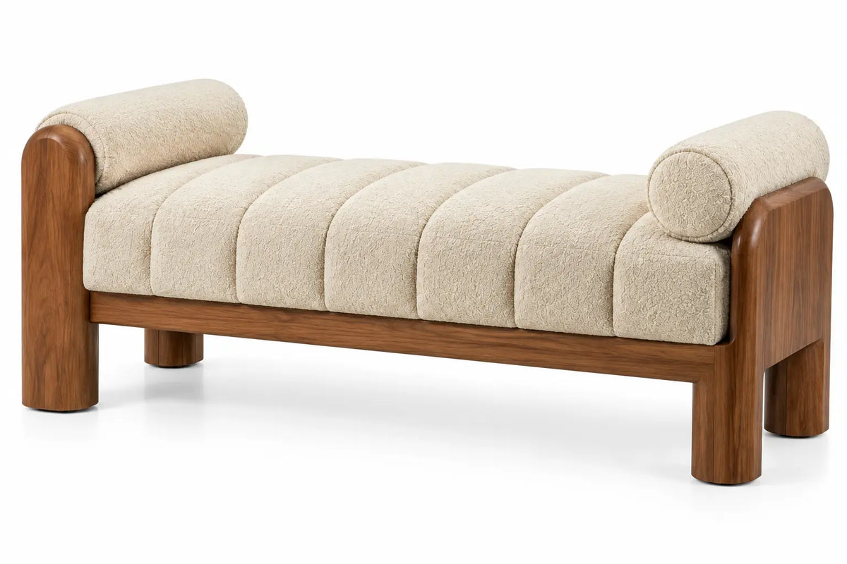 Banquette rembourrée à coussins cylindriques et structure marron, beige