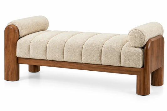 Banquette rembourrée à coussins cylindriques et structure marron, beige