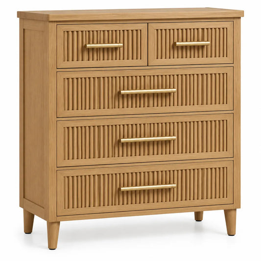 Commode à cinq tiroirs cannelés et poignées allongées, beige