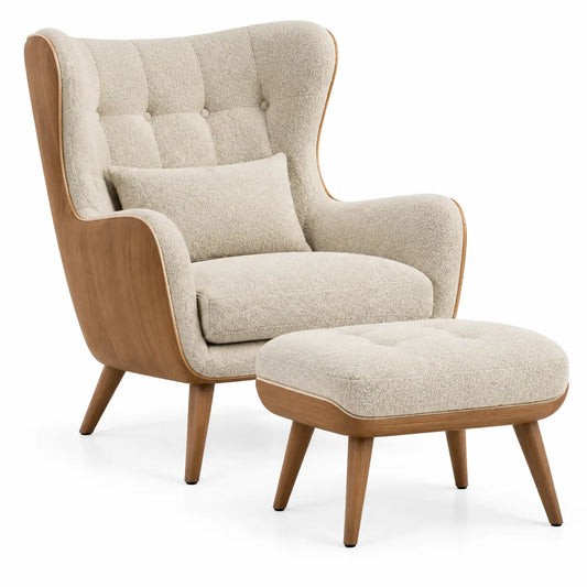 Fauteuil à oreilles avec repose-pieds et dossier capitonné, beige et marron
