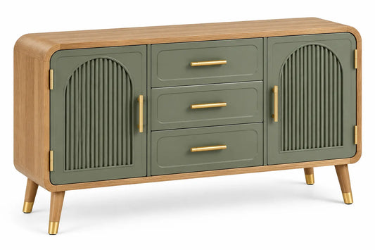 Buffet arrondi à portes rainurées et trois tiroirs, vert et beige