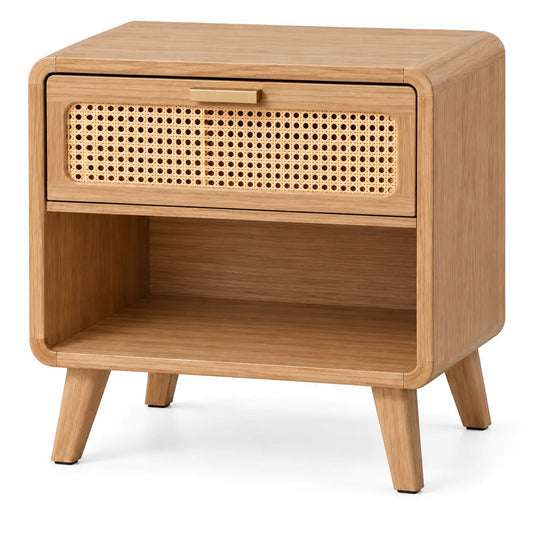 Table de chevet arrondie à tiroir ajouré et niche, beige