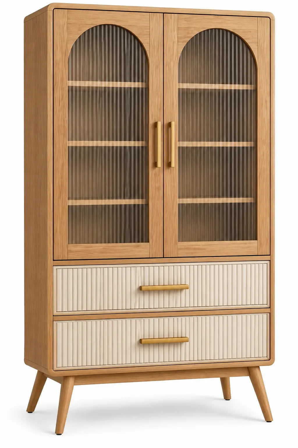 Vitrine à portes transparentes cintrées et deux tiroirs cannelés, beige et blanc