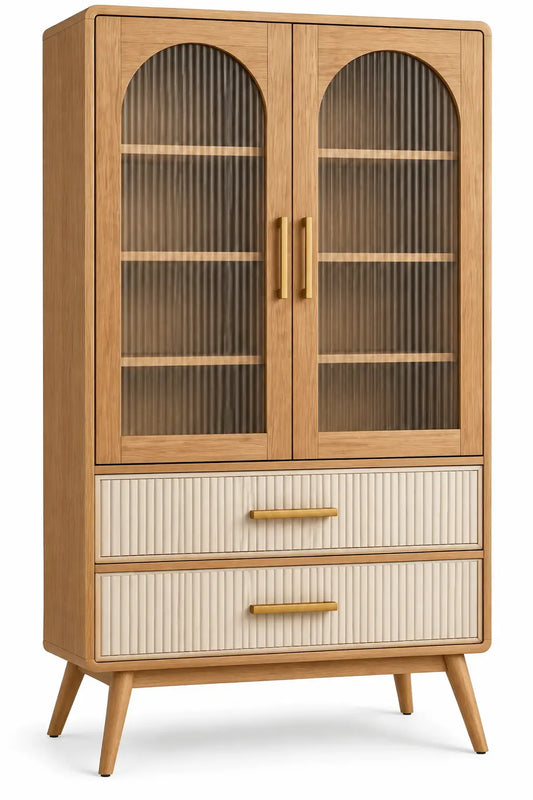 Vitrine à portes transparentes cintrées et deux tiroirs cannelés, beige et blanc