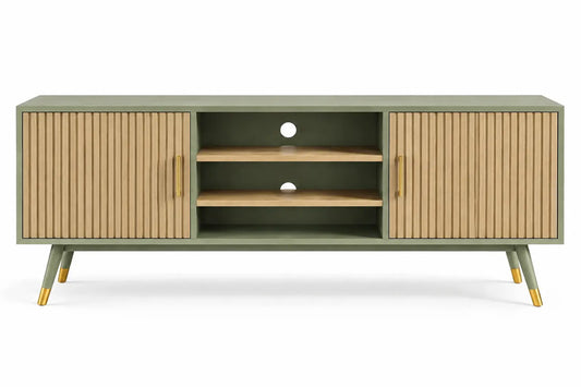 Meuble de télévision à portes cannelées et niches centrales, vert et beige
