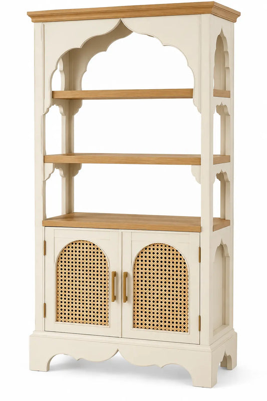 Étagère haute à arche décorative et deux portes ajourées, blanc et beige