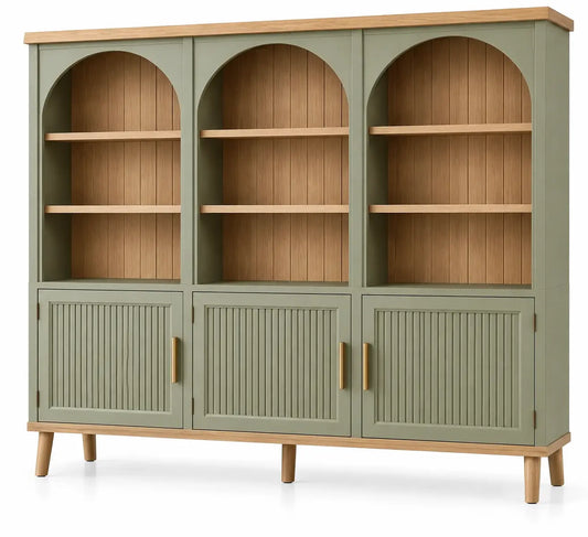 Grande bibliothèque à trois niches cintrées et portes cannelées, vert et beige
